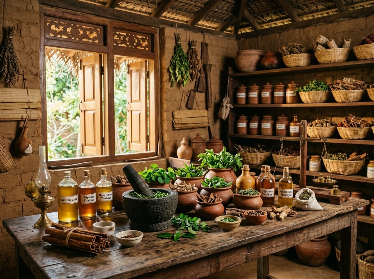 Traditional Sri Lankan Hela Wedakama apothecary room with herbs and medicinal oils