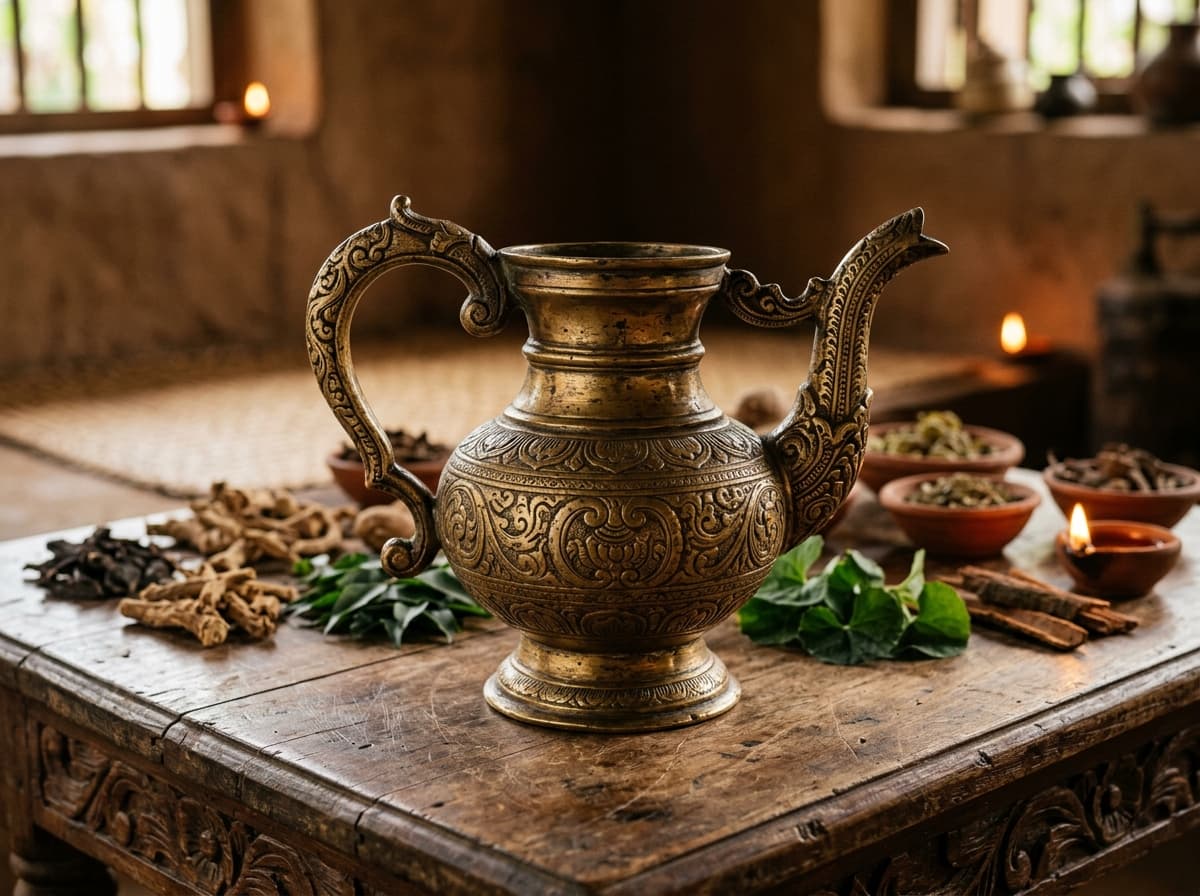 Antique Sri Lankan brass Thel Thulava oil pourer with traditional Ayurvedic herbs